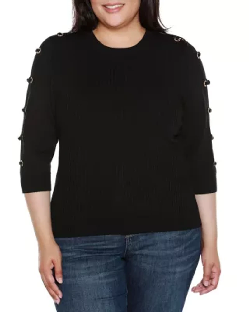 Plus Grommet-Trim Ribbed Sweater