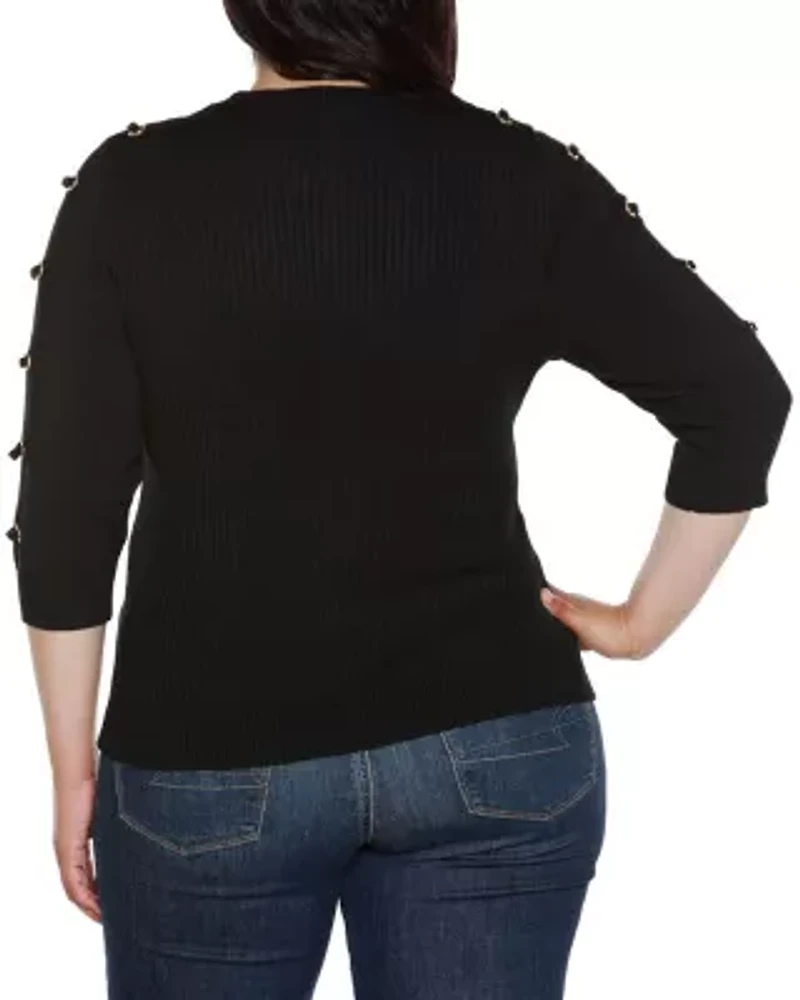 Plus Grommet-Trim Ribbed Sweater