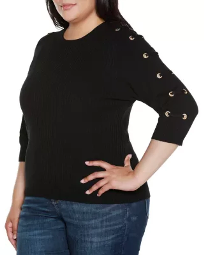 Plus Grommet-Trim Ribbed Sweater