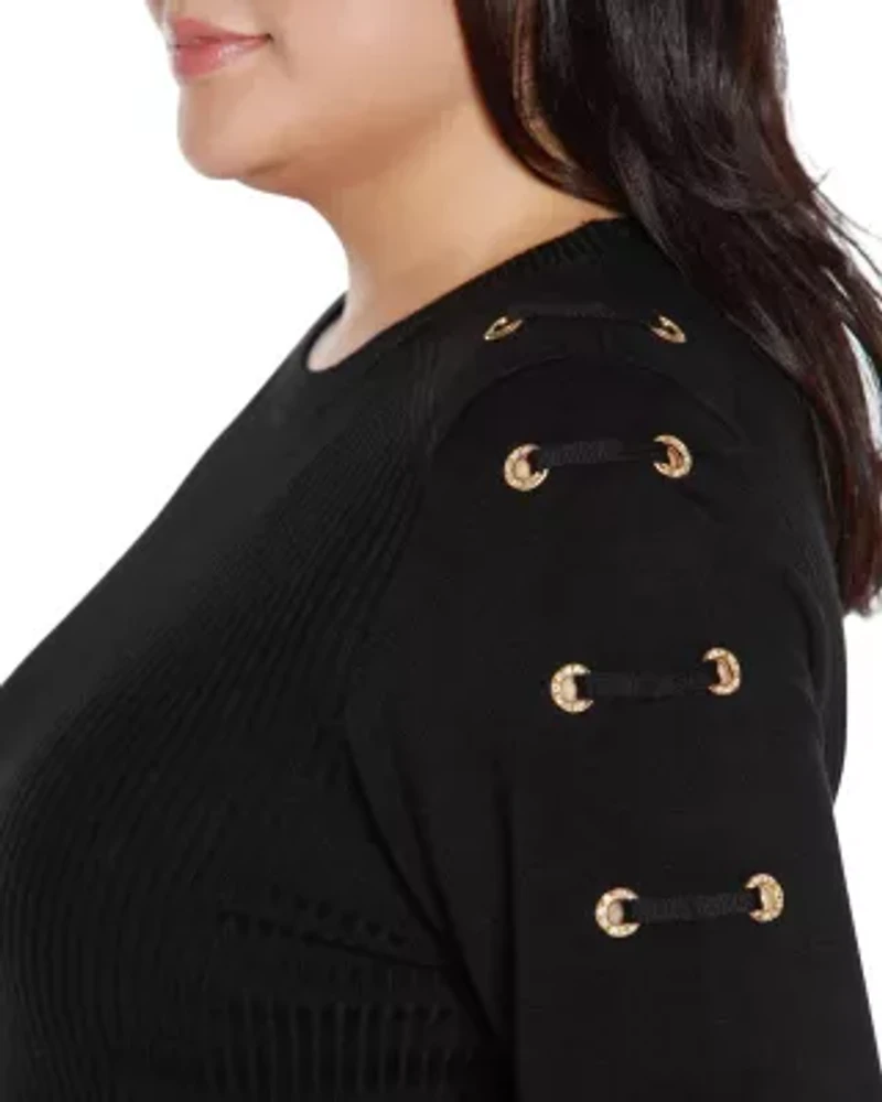Plus Grommet-Trim Ribbed Sweater
