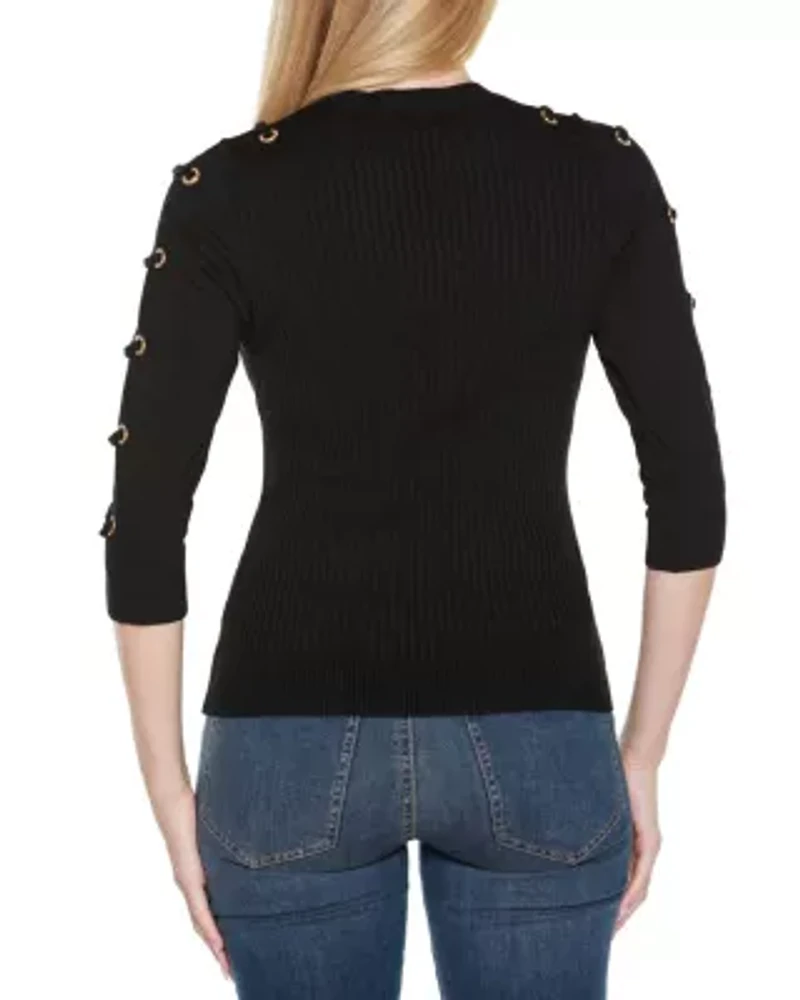 Grommet-Trim Ribbed Sweater