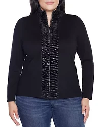 Plus Faux Fur Trim Rhinestone-Zip Cardigan Sweater