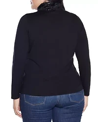 Plus Faux Fur Trim Rhinestone-Zip Cardigan Sweater