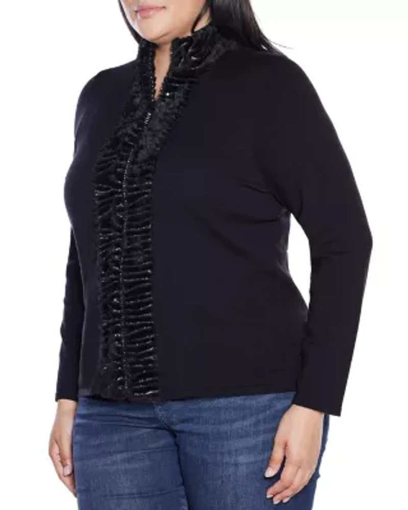 Plus Faux Fur Trim Rhinestone-Zip Cardigan Sweater