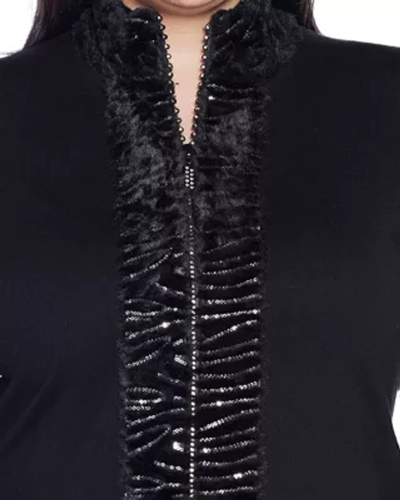 Plus Faux Fur Trim Rhinestone-Zip Cardigan Sweater
