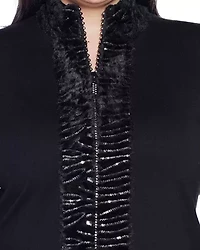 Plus Faux Fur Trim Rhinestone-Zip Cardigan Sweater