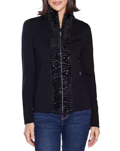 Faux Fur Trim Rhinestone-Zip Cardigan Sweater