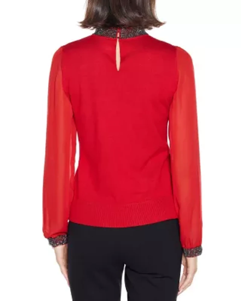 Rhinestone-Neckline Chiffon-Sleeve Sweater