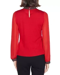 Rhinestone-Neckline Chiffon-Sleeve Sweater