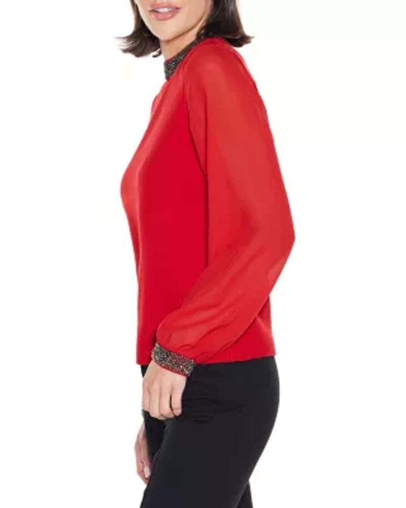 Rhinestone-Neckline Chiffon-Sleeve Sweater
