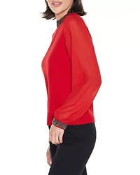 Rhinestone-Neckline Chiffon-Sleeve Sweater