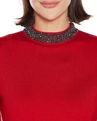 Rhinestone-Neckline Chiffon-Sleeve Sweater