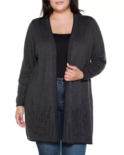 Plus Embroidered Open-Front Cardigan Sweater
