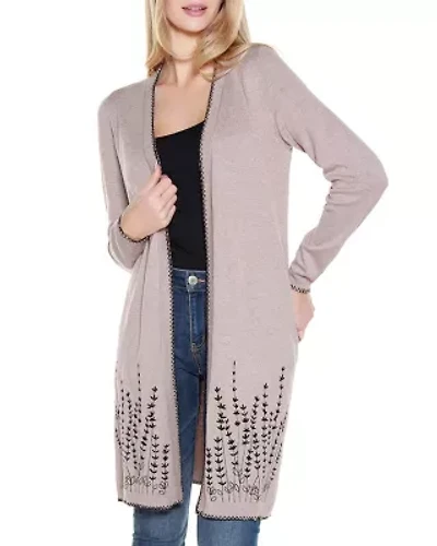 Embroidered Open-Front Cardigan Sweater