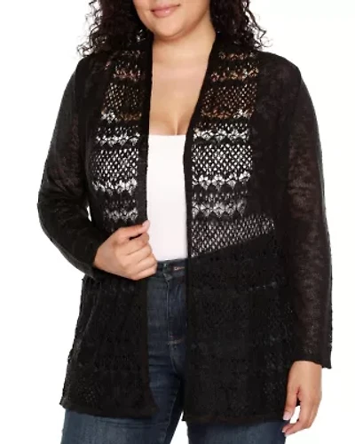 Plus Open-Front Pointelle-Trim Cardigan Sweater