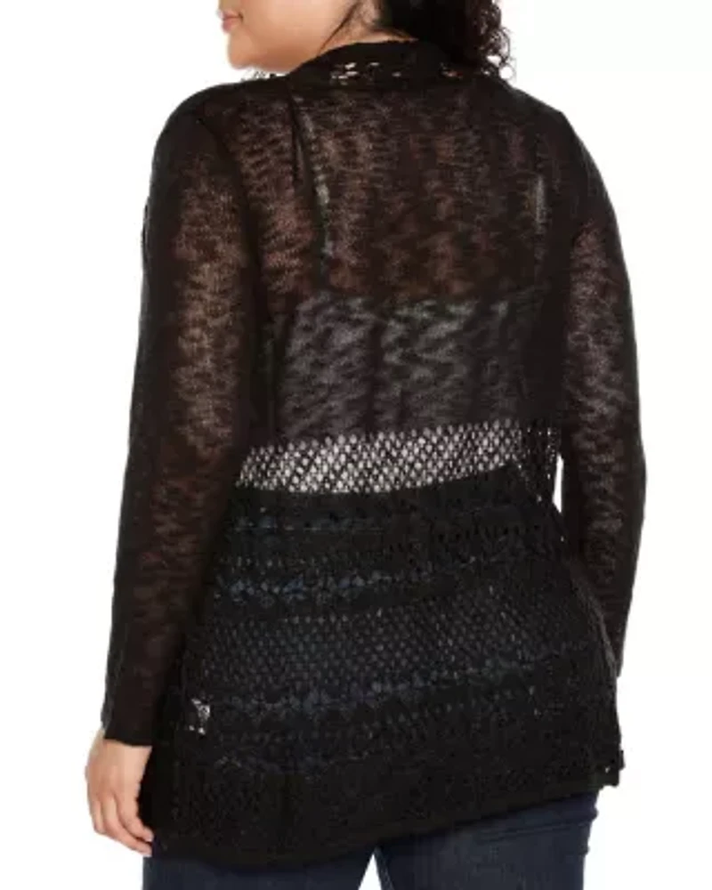 Plus Open-Front Pointelle-Trim Cardigan Sweater