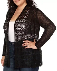 Plus Open-Front Pointelle-Trim Cardigan Sweater