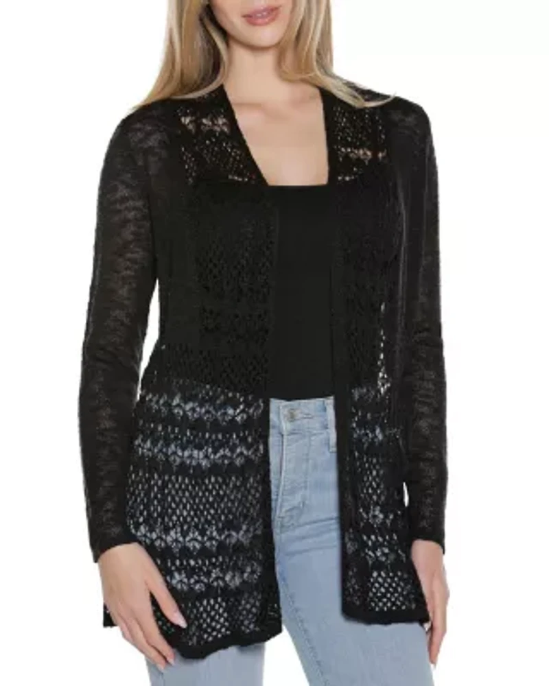 Open-Front Pointelle-Trim Cardigan Sweater