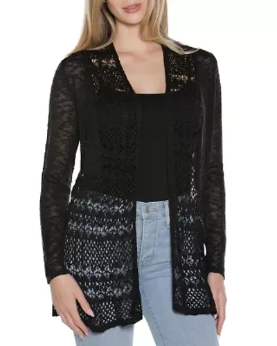 Open-Front Pointelle-Trim Cardigan Sweater