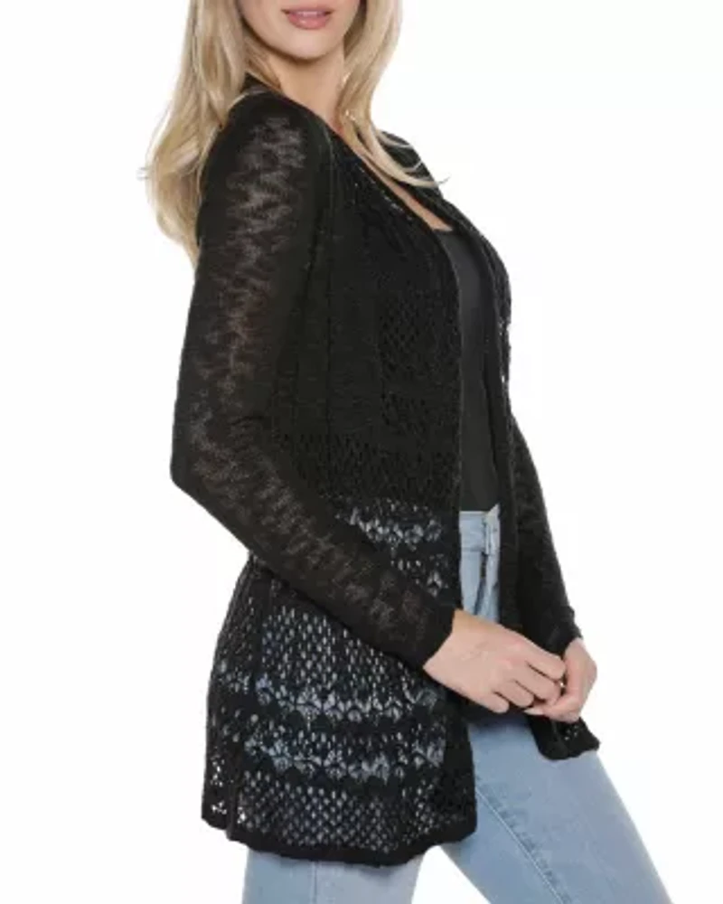 Open-Front Pointelle-Trim Cardigan Sweater