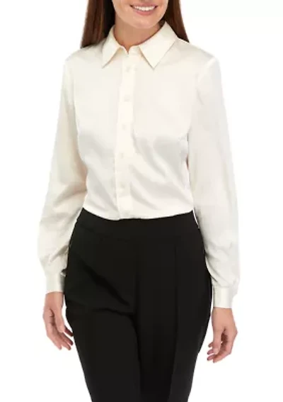 Petite Long Sleeve Satin Button Front Shirt