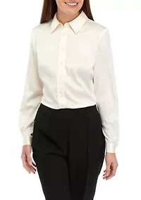 Petite Long Sleeve Satin Button Front Shirt