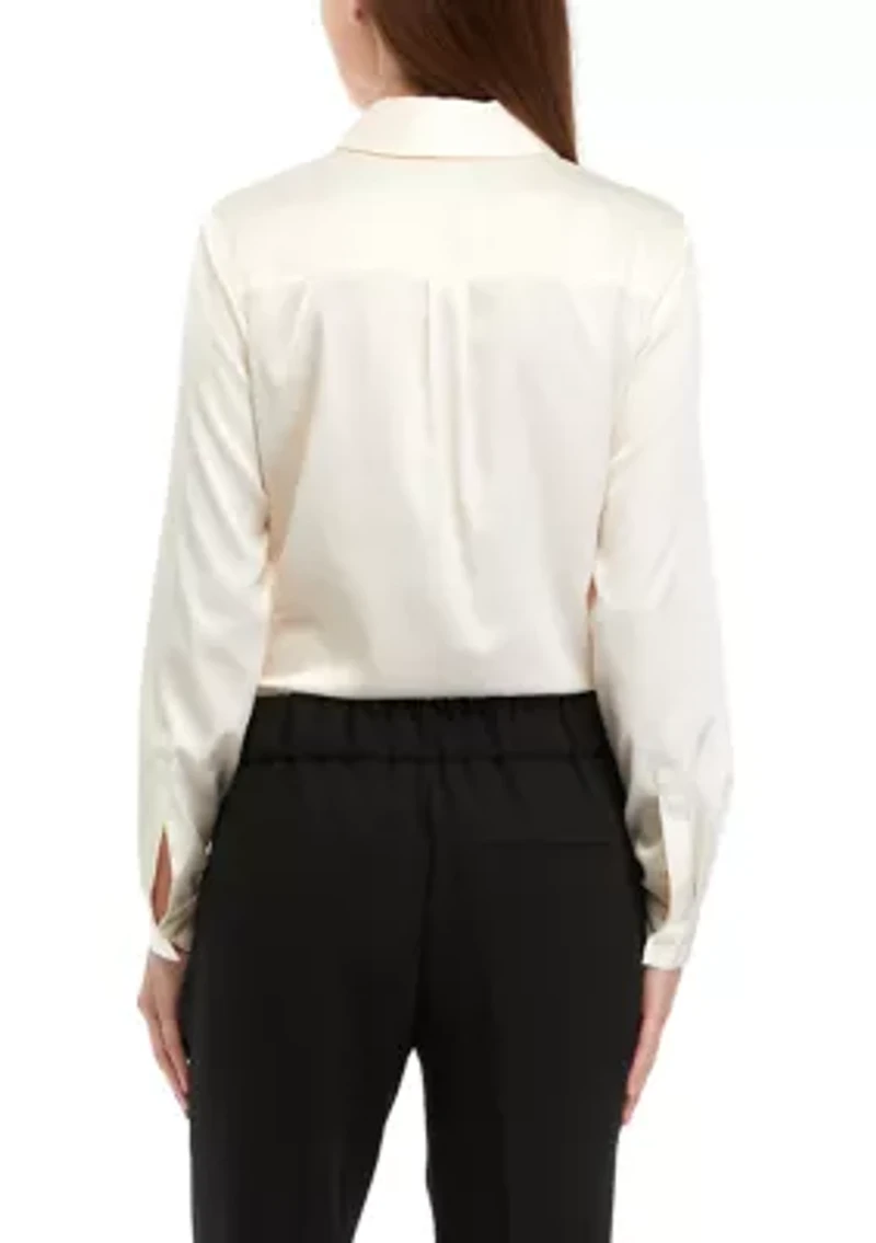 Petite Long Sleeve Satin Button Front Shirt