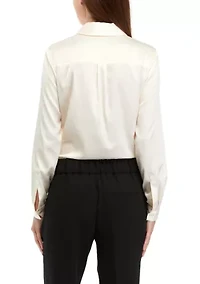 Petite Long Sleeve Satin Button Front Shirt