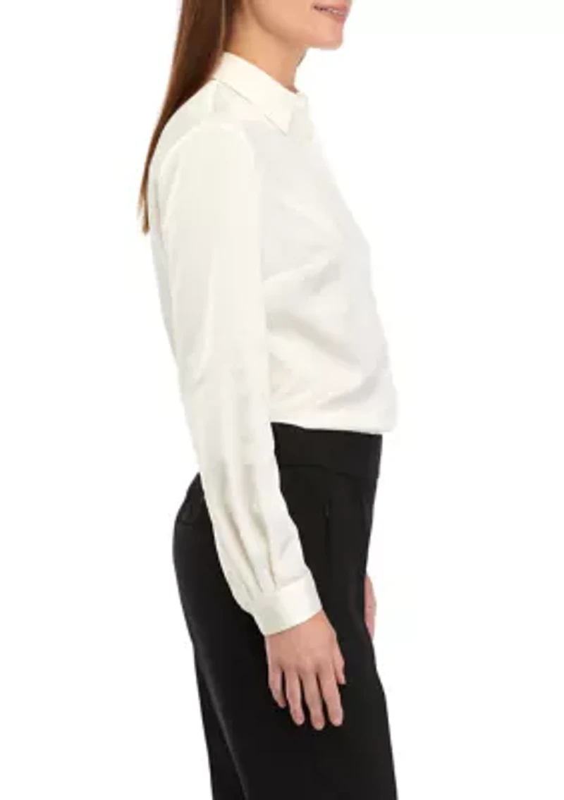 Petite Long Sleeve Satin Button Front Shirt