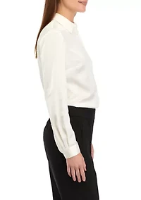 Petite Long Sleeve Satin Button Front Shirt