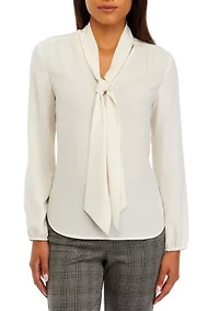 Petite Crepe Long Sleeve Bow Blouse