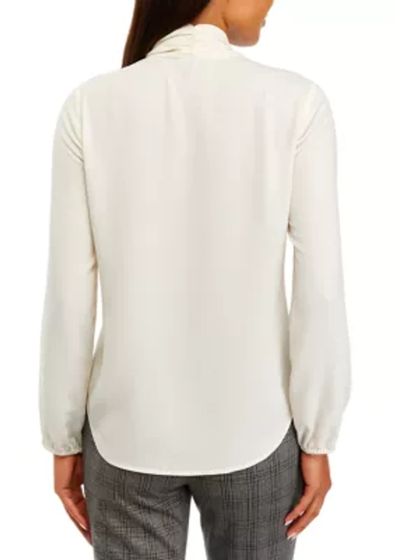 Petite Crepe Long Sleeve Bow Blouse