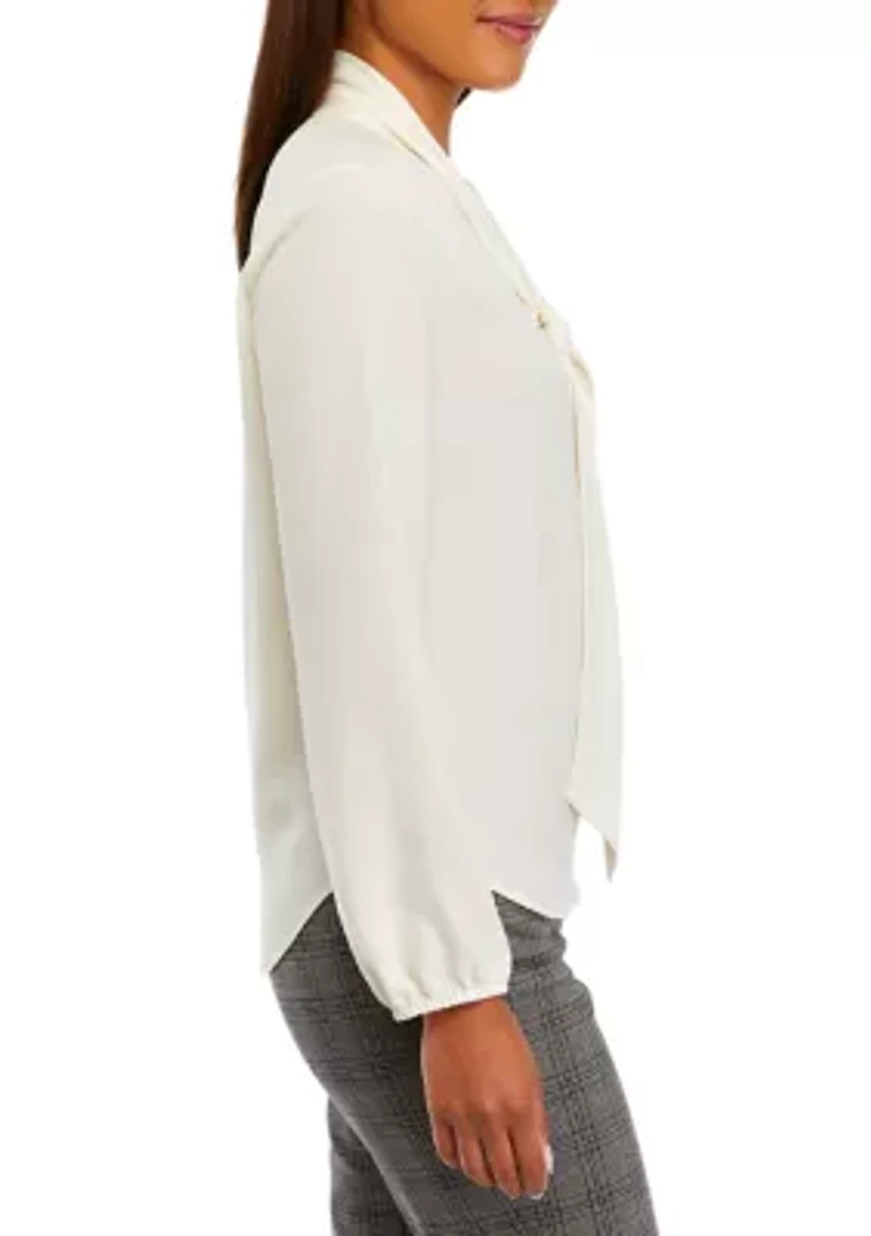 Petite Crepe Long Sleeve Bow Blouse
