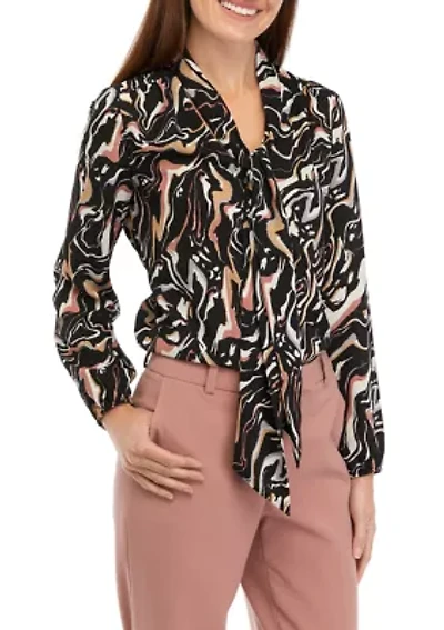Petite Swirl Print Long Sleeve Bow Blouse