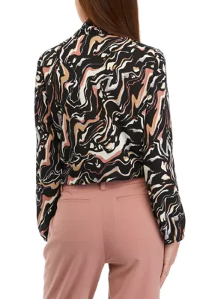 Petite Swirl Print Long Sleeve Bow Blouse