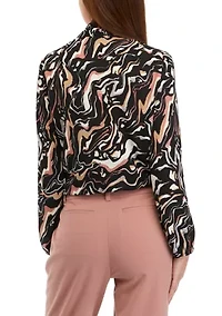 Petite Swirl Print Long Sleeve Bow Blouse
