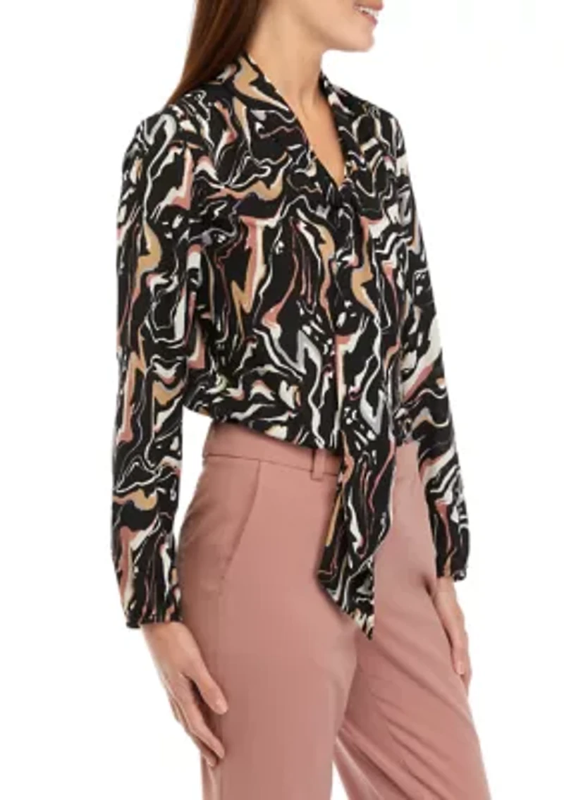 Petite Swirl Print Long Sleeve Bow Blouse