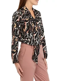 Petite Swirl Print Long Sleeve Bow Blouse