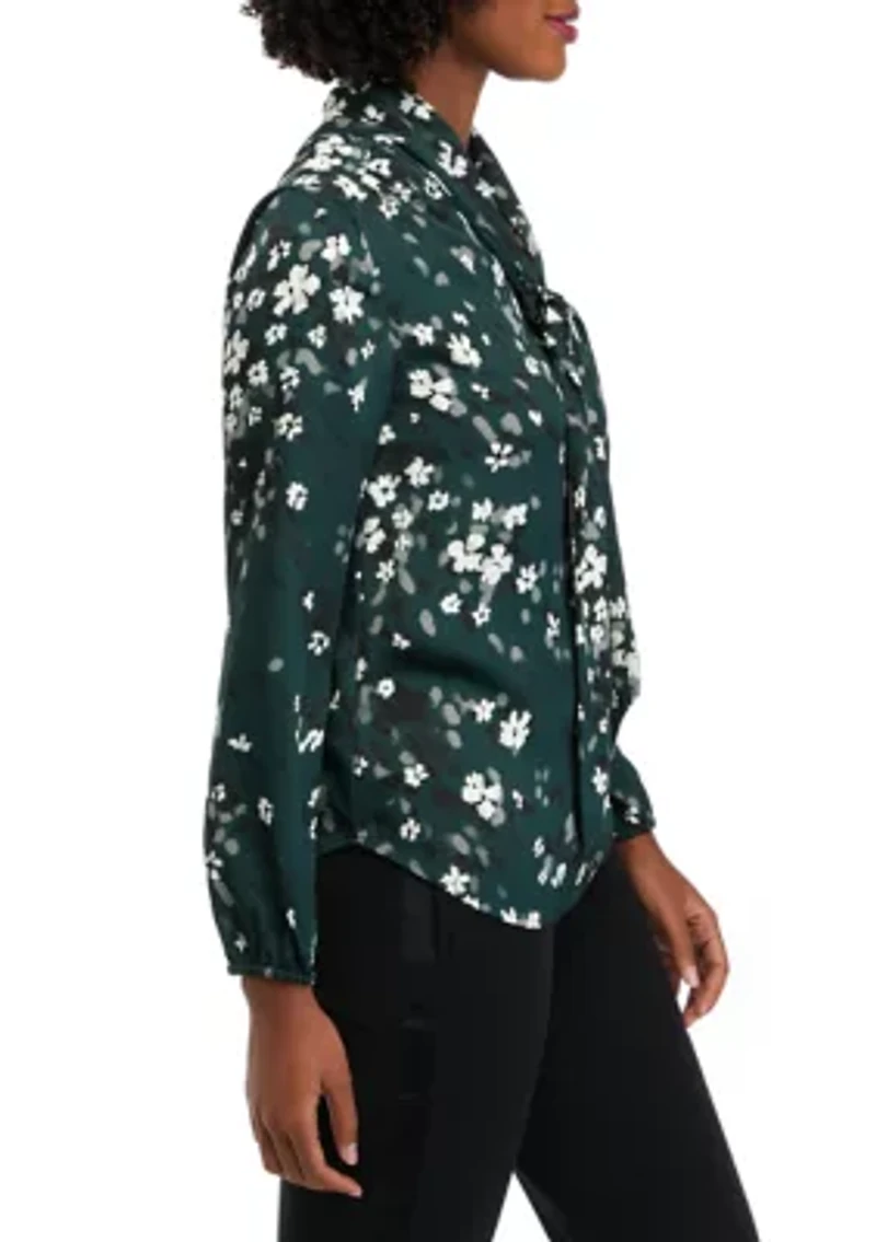 Petite Floral Print Long Sleeve Bow Blouse