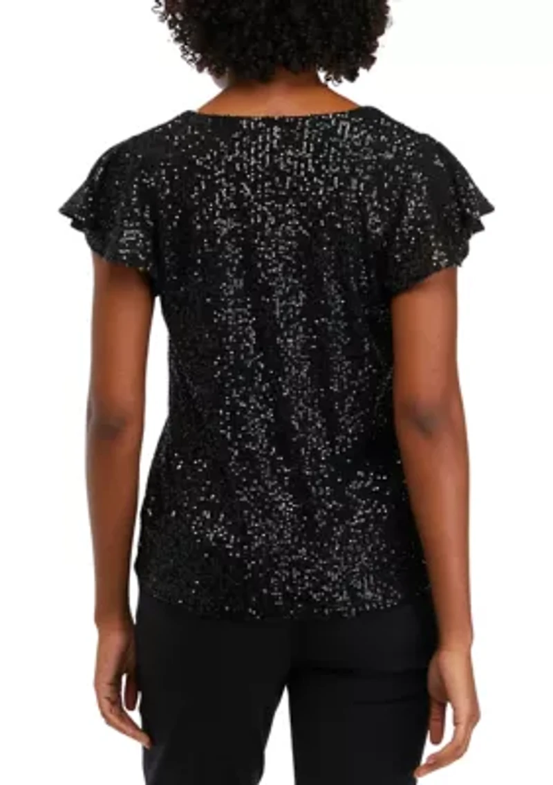 Petite V-Neck Flutter Sleeve Sequin Top