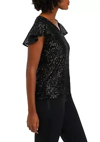 Petite V-Neck Flutter Sleeve Sequin Top