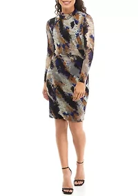 Petite Printed Mesh Long Sleeve Mock Neck Dress