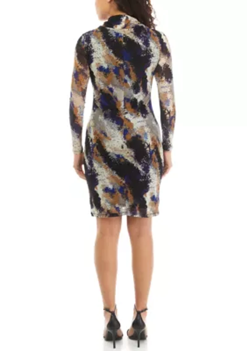 Petite Printed Mesh Long Sleeve Mock Neck Dress