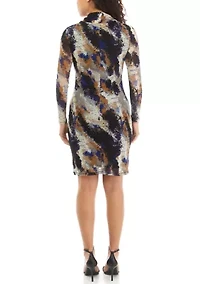 Petite Printed Mesh Long Sleeve Mock Neck Dress