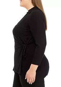 Plus 3/4 Sleeve Wrap Top with Collar