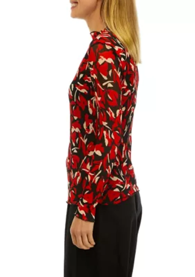 Women's Floral Print Mesh Funnel Neck Top
