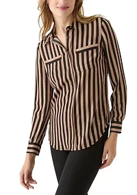 Women's Stripe Long Sleeve Button Front Blouse