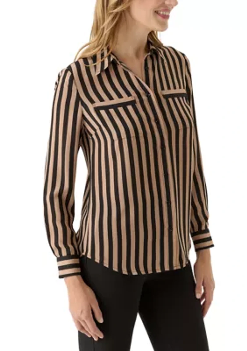Women's Stripe Long Sleeve Button Front Blouse