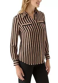 Women's Stripe Long Sleeve Button Front Blouse