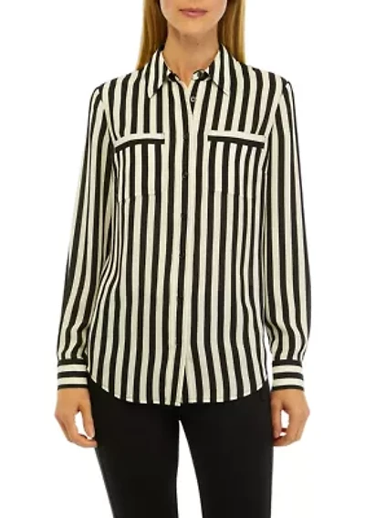Petite Long Sleeve Button Front Blouse